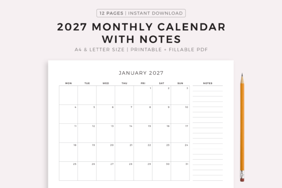 Download 2027 Monthly Calendar with Notes - 2027 Collection