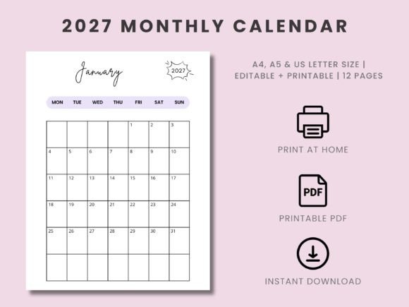 Download Printable Monthly Calendar 2027 Template - 2027 Collection