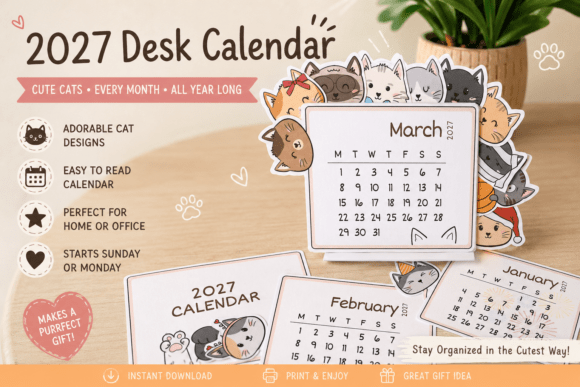 Download 2027 Cat Desk Calendar - Hand-draw Cat - 2027 Collection